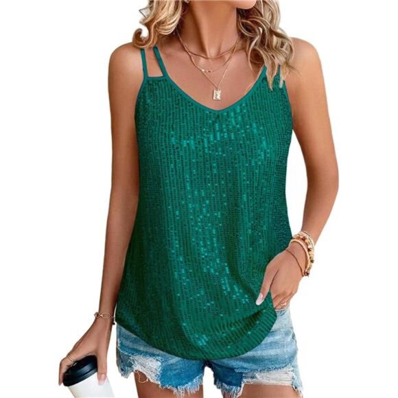 Womens Sequin Tops V Neck Tank Tops Green - Picture 1 of 6